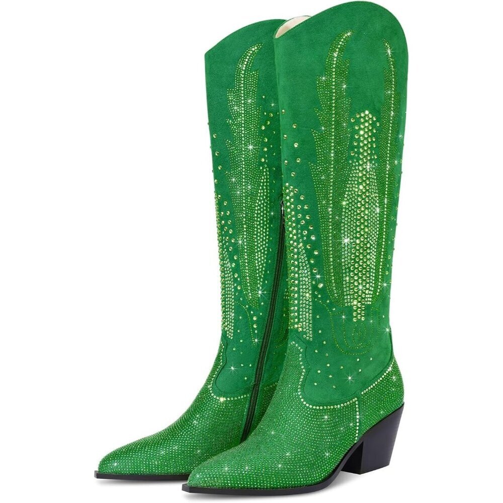 Women Polyurethane Green Knee High Pointed Toe Chunky Heel Rhinestone Boot
